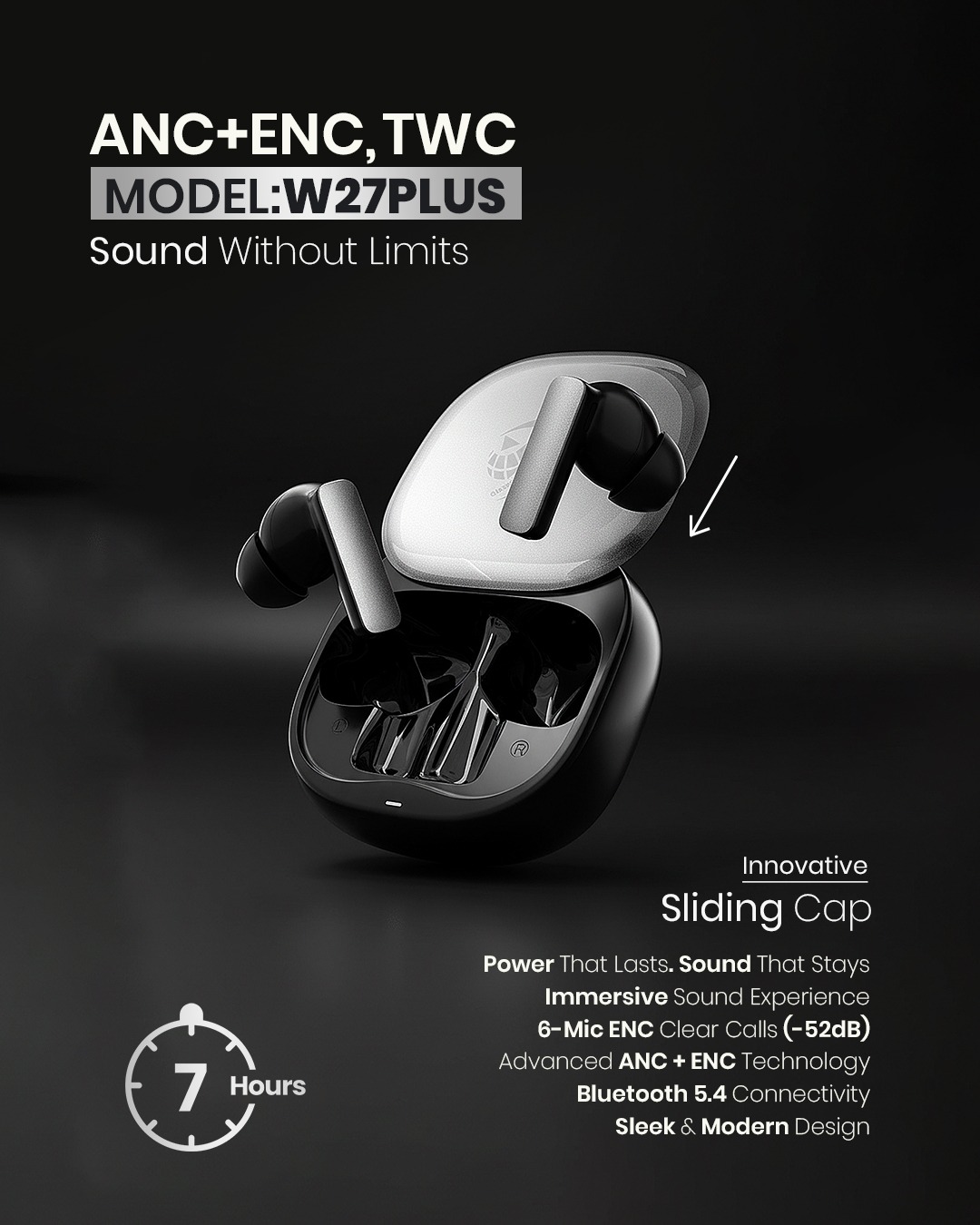 Global Cellular GC W27 Plus ANC+ENC Wireless Earbuds | Bluetooth 5.4, 6 Mics, Deep Bass, 7H Playtime